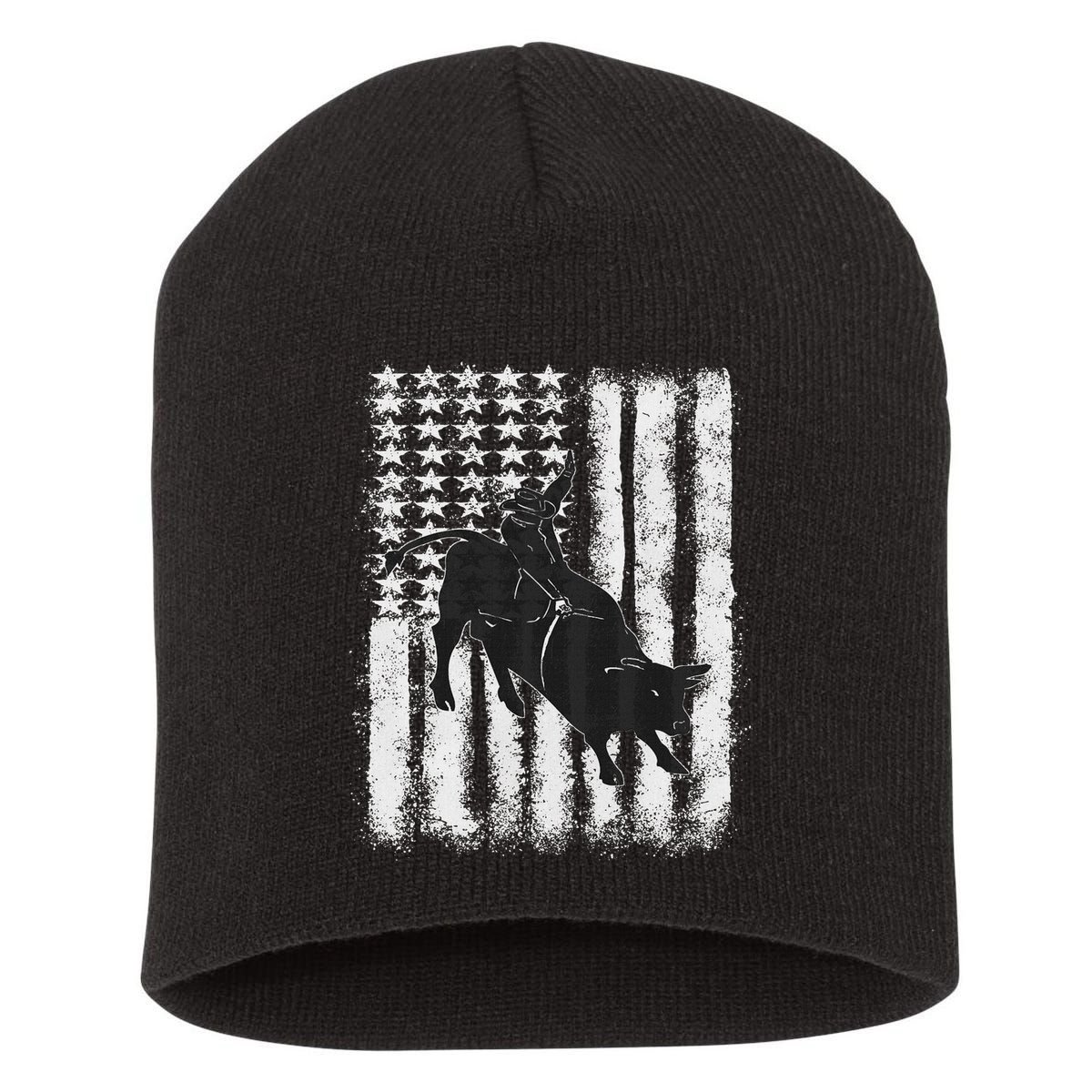 Rodeo Bull Riding Distressed Grunge American Flag Keepsake Short Acrylic Beanie