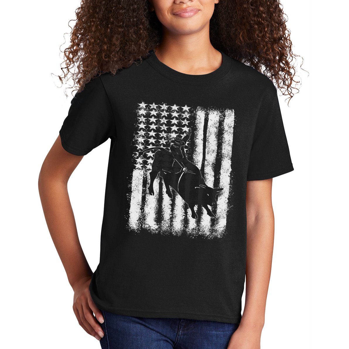 Rodeo Bull Riding Distressed Grunge American Flag Keepsake Kids T-Shirt