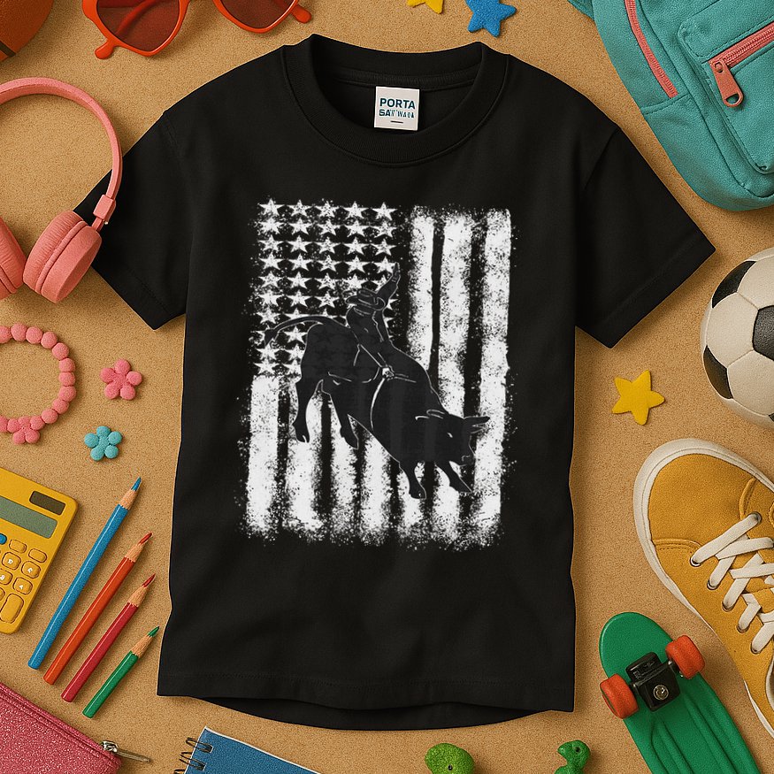 Rodeo Bull Riding Distressed Grunge American Flag Keepsake Kids T-Shirt