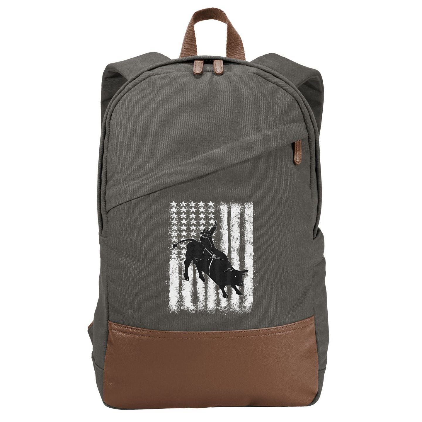 Rodeo Bull Riding Distressed Grunge American Flag Keepsake Cotton Canvas Backpack