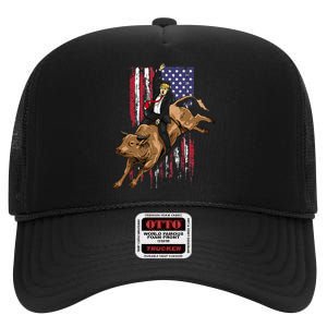 Rodeo Bull Rider Trump American Flag Cowboy Bull Riding High Crown Mesh Back Trucker Hat