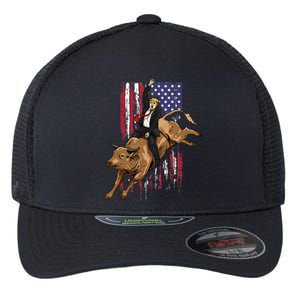 Rodeo Bull Rider Trump American Flag Cowboy Bull Riding Flexfit Unipanel Trucker Cap