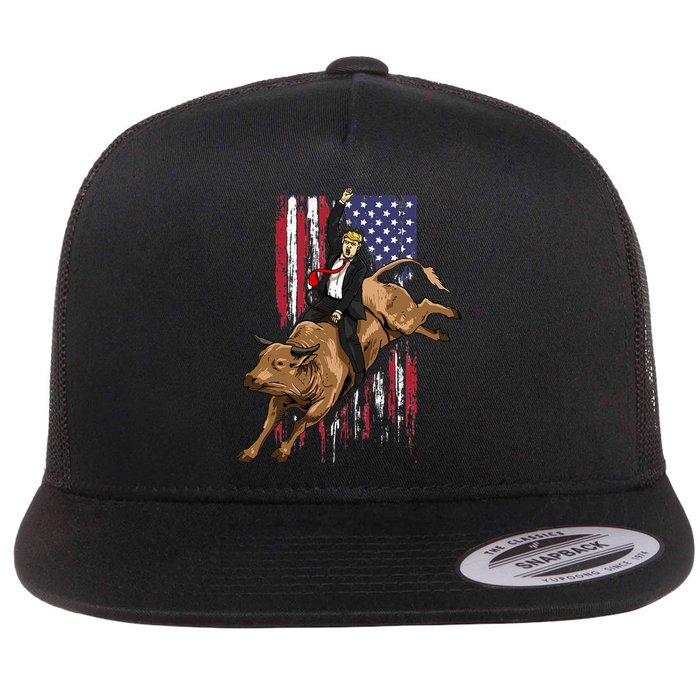 Rodeo Bull Rider Trump American Flag Cowboy Bull Riding Flat Bill Trucker Hat