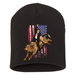 Rodeo Bull Rider Trump American Flag Cowboy Bull Riding Short Acrylic Beanie