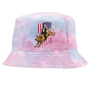 Rodeo Bull Rider Trump American Flag Cowboy Bull Riding Tie-Dyed Bucket Hat