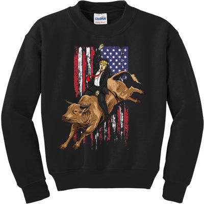 Rodeo Bull Rider Trump American Flag Cowboy Kids Sweatshirt