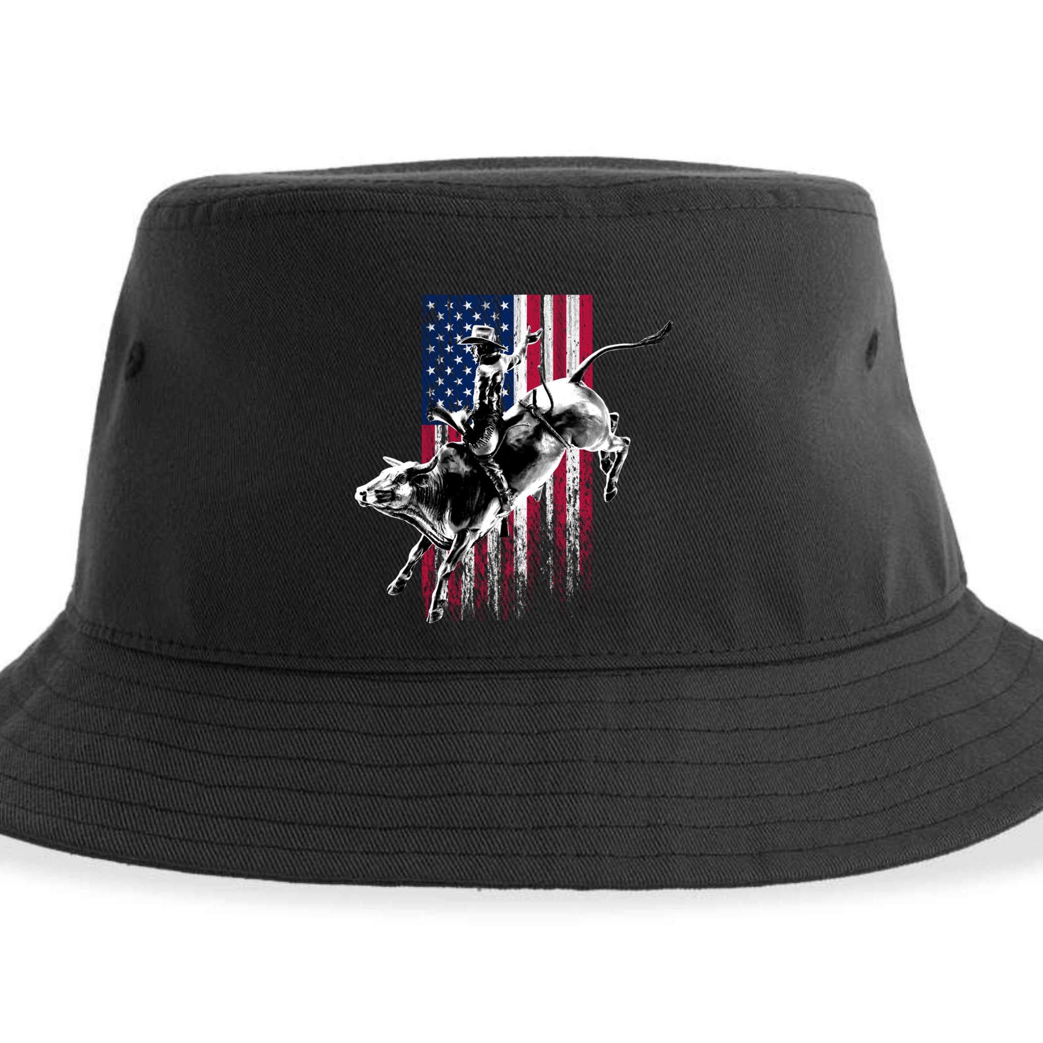 Rodeo Bull Rider Patriotic American Flag Gift For Cow Gift Sustainable Bucket Hat