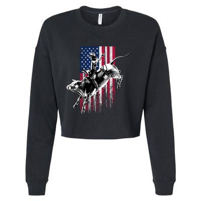 Rodeo Bull Rider Patriotic American Flag Gift For Cow Gift Cropped Pullover Crew