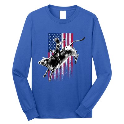 Rodeo Bull Rider Patriotic American Flag Gift For Cow Gift Long Sleeve Shirt