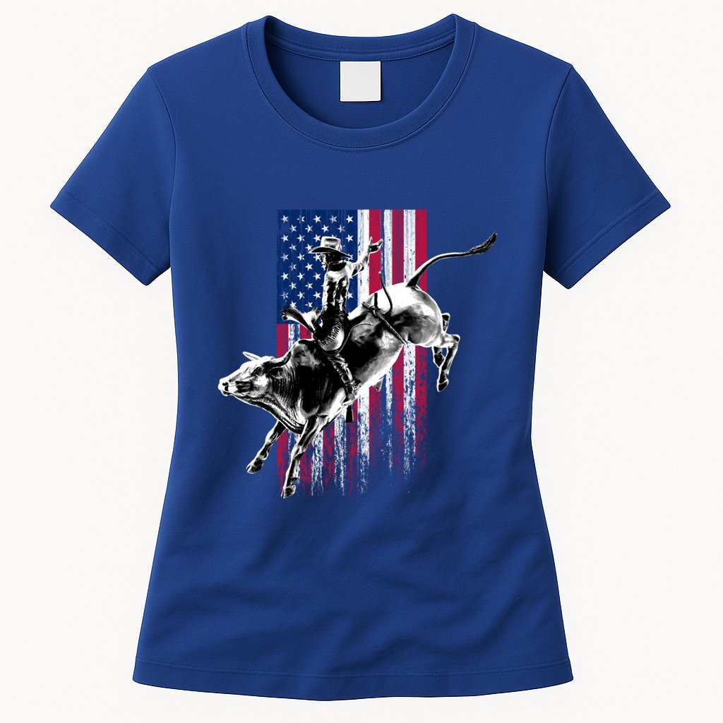 Rodeo Bull Rider Patriotic American Flag Gift For Cow Gift Womens T-Shirt