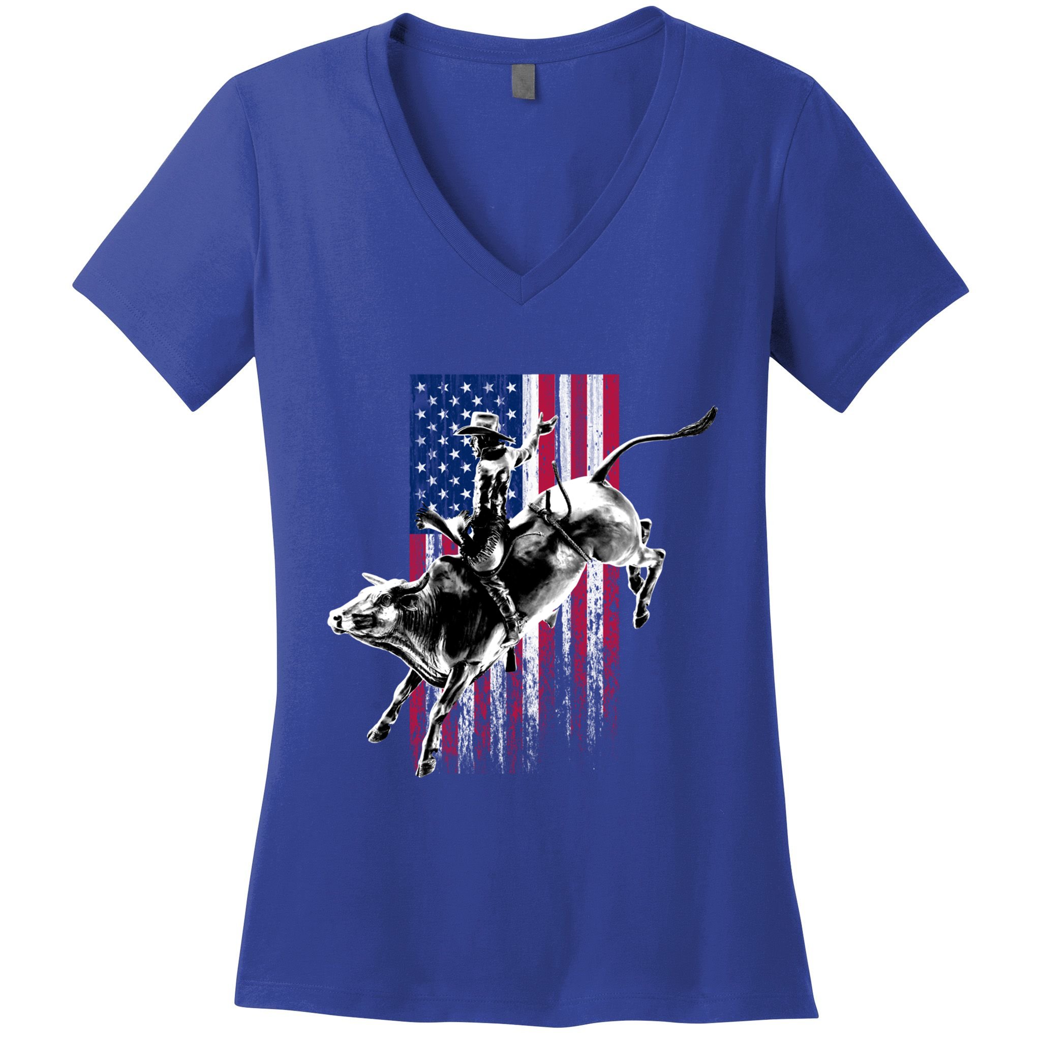 Rodeo Bull Rider Patriotic American Flag Gift For Cow Gift Women's V-Neck T-Shirt