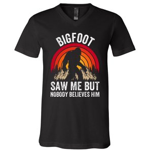 retro Bigfoot Saw Me But Nobody Believes Him V-Neck T-Shirt