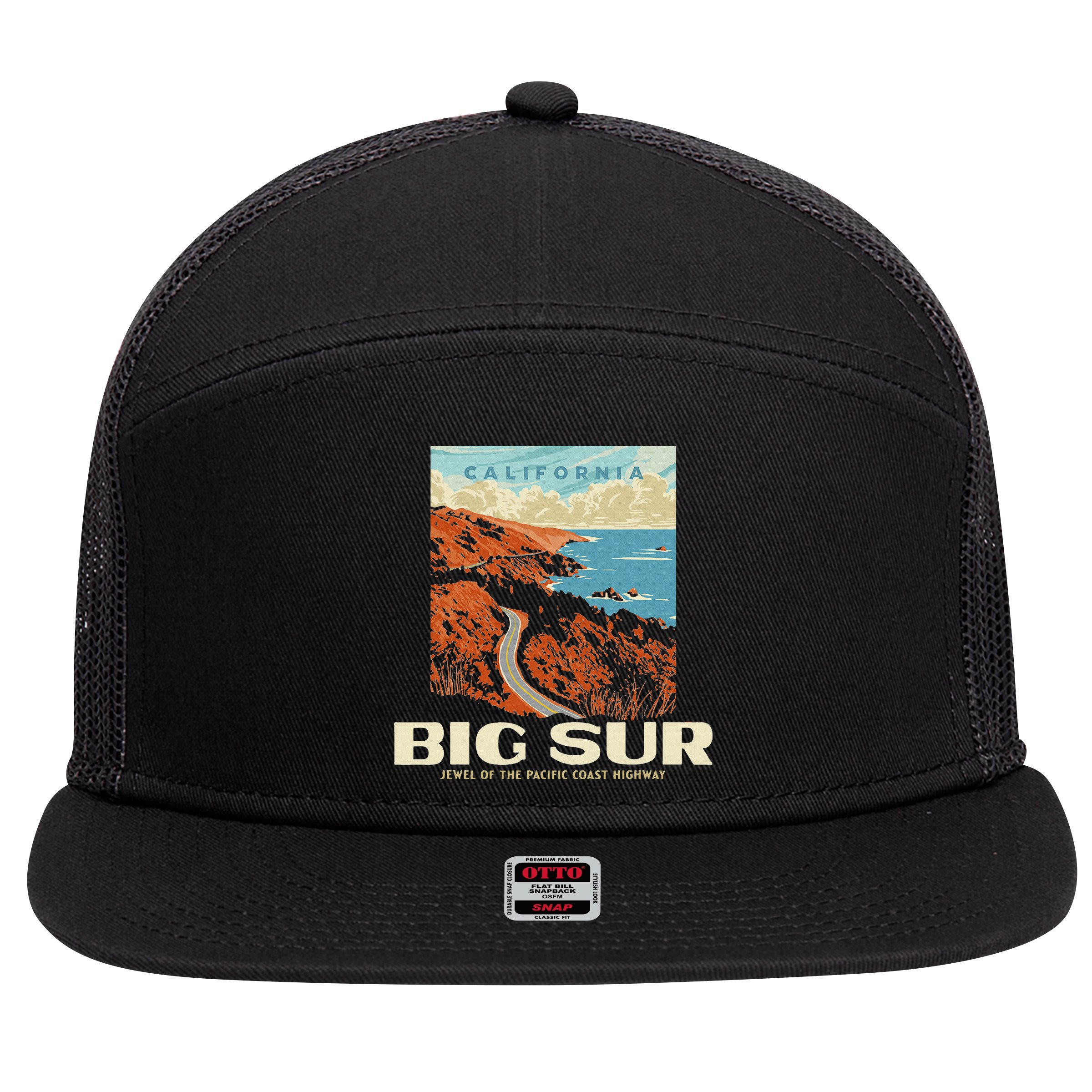 Retro Big Sur California Coast Wpa Style Vintage Graphic 7 Panel Mesh Trucker Snapback Hat
