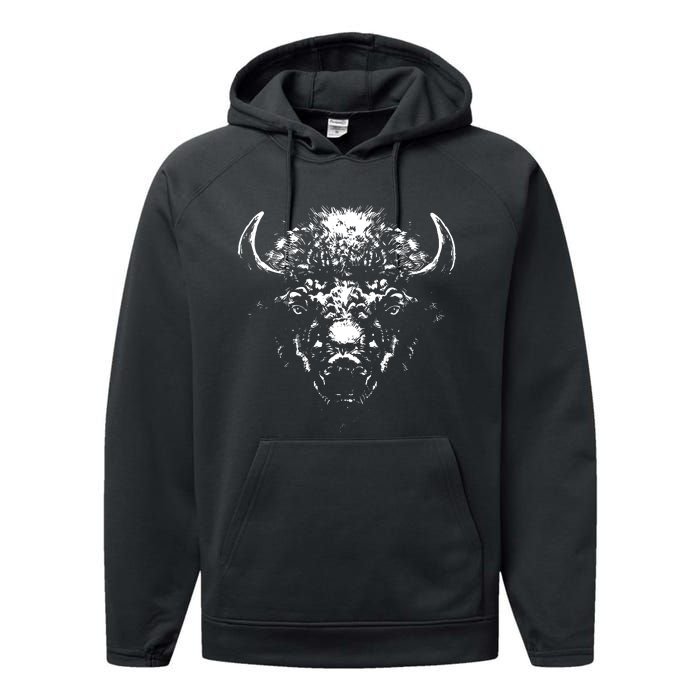 Retro Buffalo Silhouette Bison Wild Animal Performance Fleece Hoodie