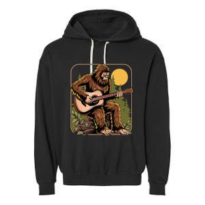 Retro Bigfoot Sasquatch Playing Acoustic Guitar Guitarist Garment-Dyed Fleece Hoodie