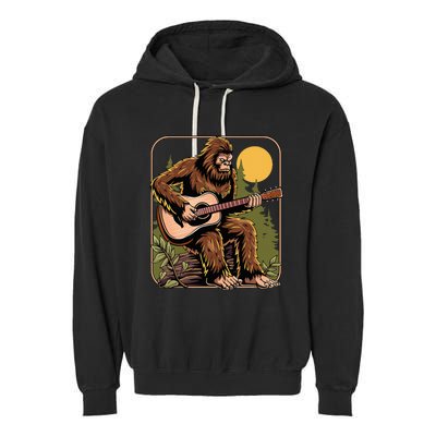 Retro Bigfoot Sasquatch Playing Acoustic Guitar Guitarist Garment-Dyed Fleece Hoodie