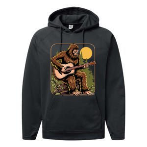 Retro Bigfoot Sasquatch Playing Acoustic Guitar Guitarist Performance Fleece Hoodie