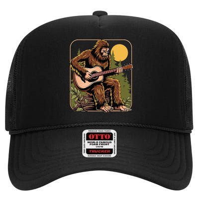 Retro Bigfoot Sasquatch Playing Acoustic Guitar Guitarist High Crown Mesh Back Trucker Hat