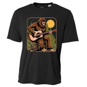 Retro Bigfoot Sasquatch Playing Acoustic Guitar Guitarist Cooling Performance Crew T-Shirt