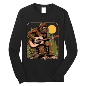 Retro Bigfoot Sasquatch Playing Acoustic Guitar Guitarist Long Sleeve Shirt