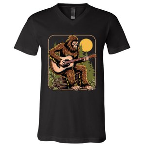 Retro Bigfoot Sasquatch Playing Acoustic Guitar Guitarist V-Neck T-Shirt