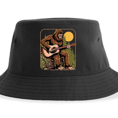 Retro Bigfoot Sasquatch Playing Acoustic Guitar Guitarist Sustainable Bucket Hat