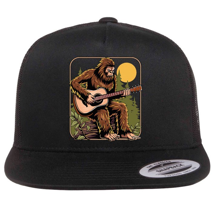 Retro Bigfoot Sasquatch Playing Acoustic Guitar Guitarist Flat Bill Trucker Hat