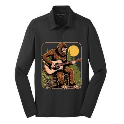 Retro Bigfoot Sasquatch Playing Acoustic Guitar Guitarist Silk Touch Performance Long Sleeve Polo