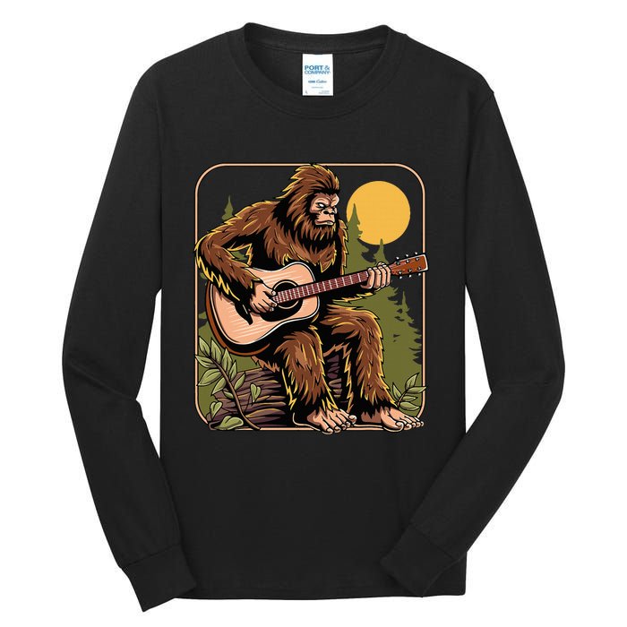 Retro Bigfoot Sasquatch Playing Acoustic Guitar Guitarist Tall Long Sleeve T-Shirt