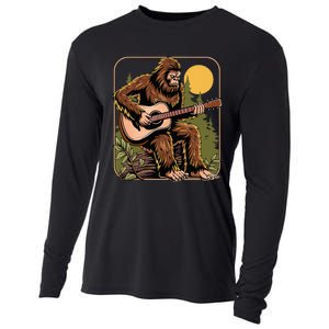 Retro Bigfoot Sasquatch Playing Acoustic Guitar Guitarist Cooling Performance Long Sleeve Crew