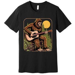 Retro Bigfoot Sasquatch Playing Acoustic Guitar Guitarist Premium T-Shirt