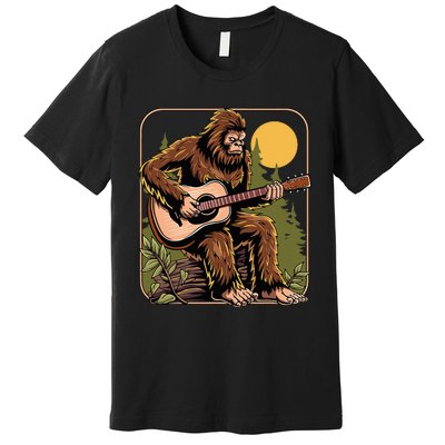 Retro Bigfoot Sasquatch Playing Acoustic Guitar Guitarist Premium T-Shirt