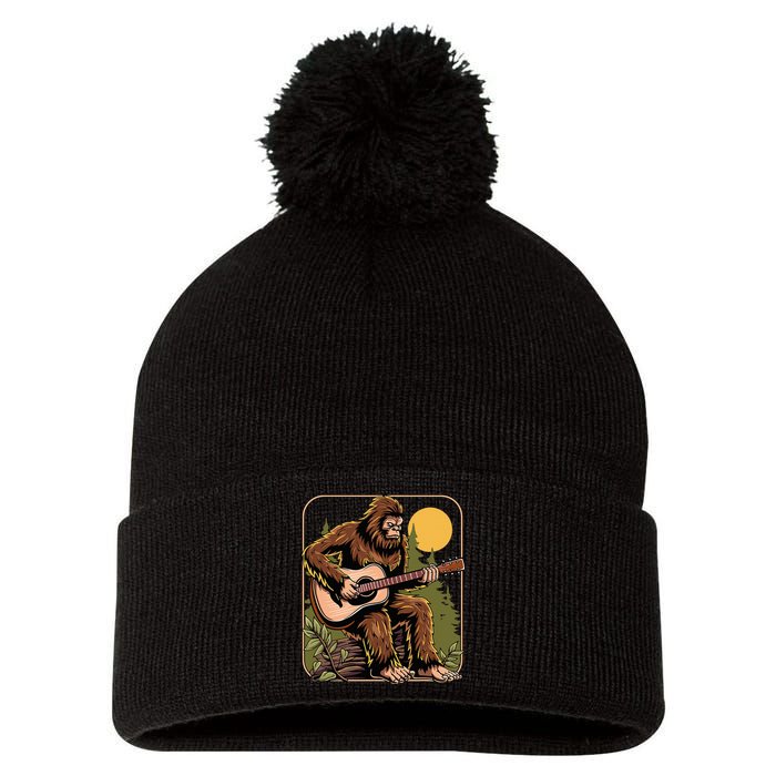 Retro Bigfoot Sasquatch Playing Acoustic Guitar Guitarist Pom Pom 12in Knit Beanie