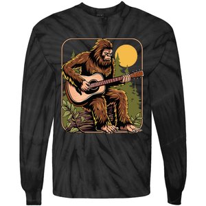 Retro Bigfoot Sasquatch Playing Acoustic Guitar Guitarist Tie-Dye Long Sleeve Shirt