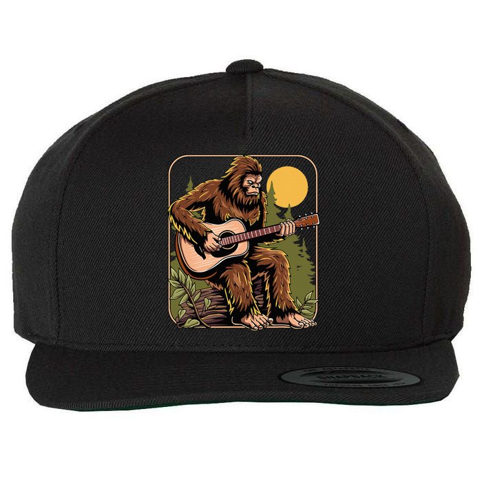 Retro Bigfoot Sasquatch Playing Acoustic Guitar Guitarist Wool Snapback Cap