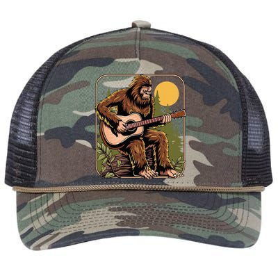 Retro Bigfoot Sasquatch Playing Acoustic Guitar Guitarist Retro Rope Trucker Hat Cap