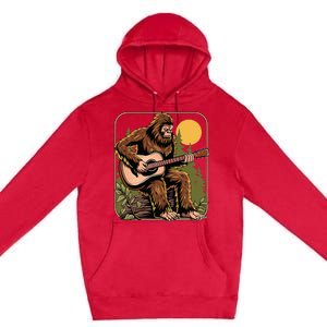 Retro Bigfoot Sasquatch Playing Acoustic Guitar Guitarist Premium Pullover Hoodie