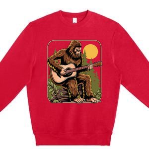 Retro Bigfoot Sasquatch Playing Acoustic Guitar Guitarist Premium Crewneck Sweatshirt