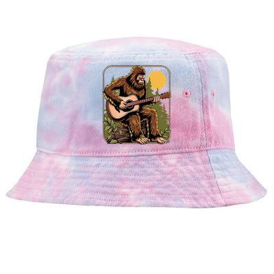 Retro Bigfoot Sasquatch Playing Acoustic Guitar Guitarist Tie-Dyed Bucket Hat