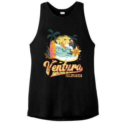 Retro Beach Surf Wave Ventura California Ladies PosiCharge Tri-Blend Wicking Tank