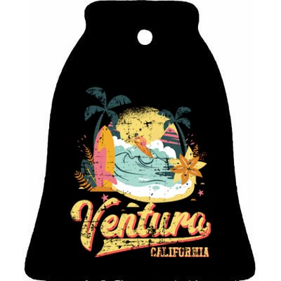 Retro Beach Surf Wave Ventura California Ceramic Bell Ornament