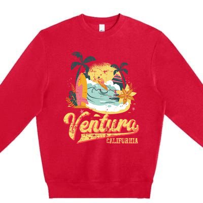 Retro Beach Surf Wave Ventura California Premium Crewneck Sweatshirt