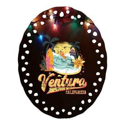 Retro Beach Surf Wave Ventura California Ceramic Oval Ornament