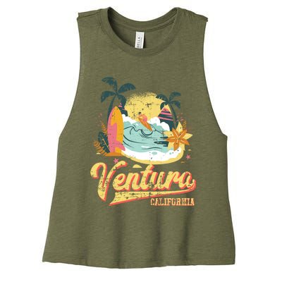 Retro Beach Surf Wave Ventura California Women's Racerback Cropped Tank