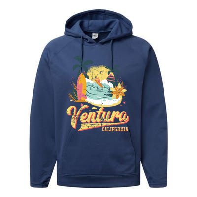 Retro Beach Surf Wave Ventura California Performance Fleece Hoodie