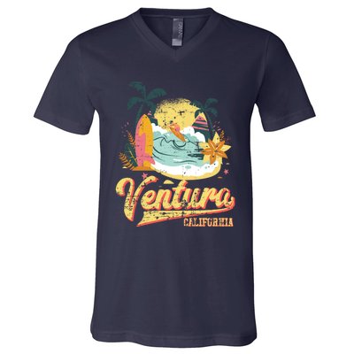 Retro Beach Surf Wave Ventura California V-Neck T-Shirt