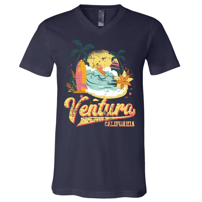 Retro Beach Surf Wave Ventura California V-Neck T-Shirt