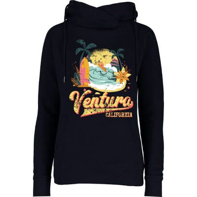 Retro Beach Surf Wave Ventura California Womens Funnel Neck Pullover Hood