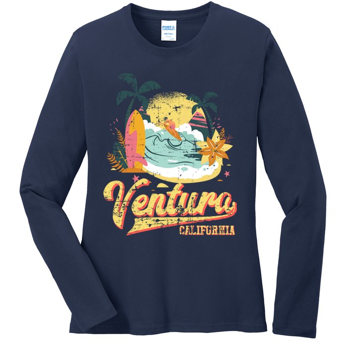 Retro Beach Surf Wave Ventura California Ladies Long Sleeve Shirt