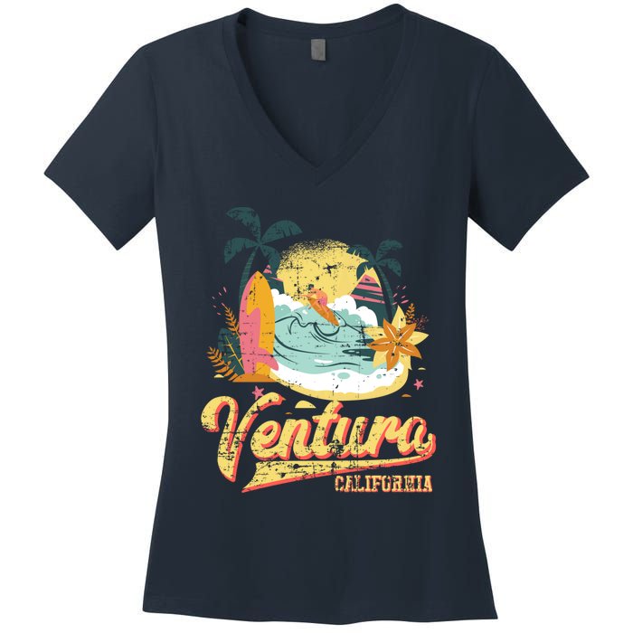 Retro Beach Surf Wave Ventura California Women's V-Neck T-Shirt